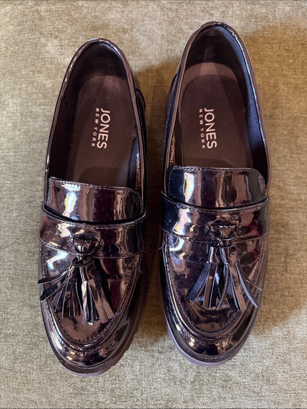 Jones New York Womens Lug Sole Black Patent Tassel Penny Loafers